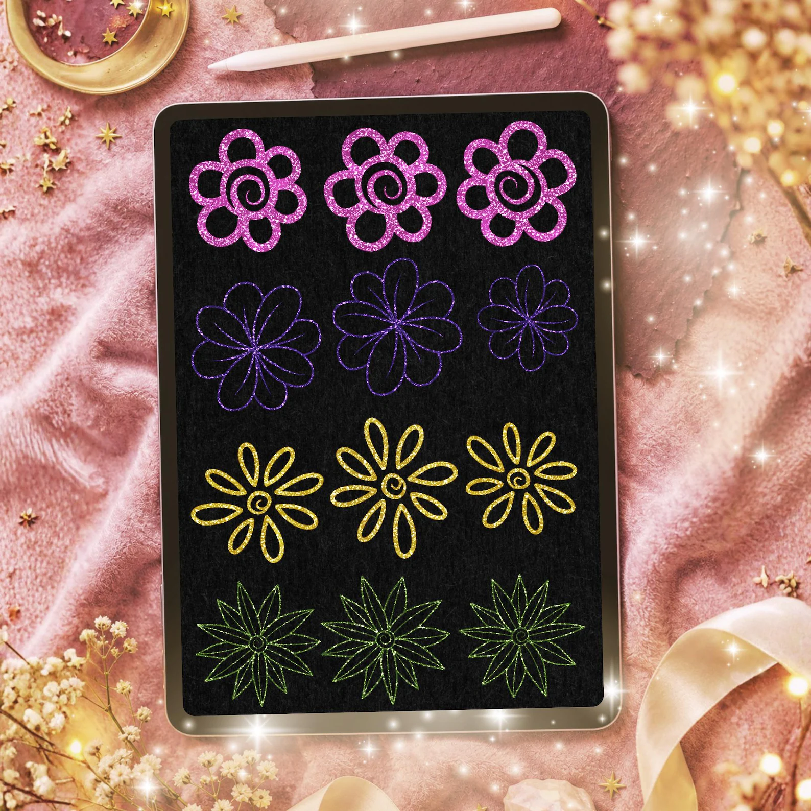 glitter flower stamps